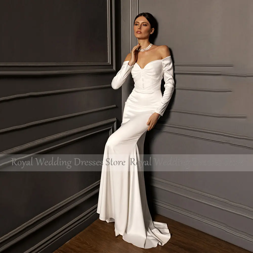 Elegant Ivory Sheath Wedding Dress For Women Floor Length Long Sleeves Beading Wedding Gown Off The Shoulder Bridal Gown