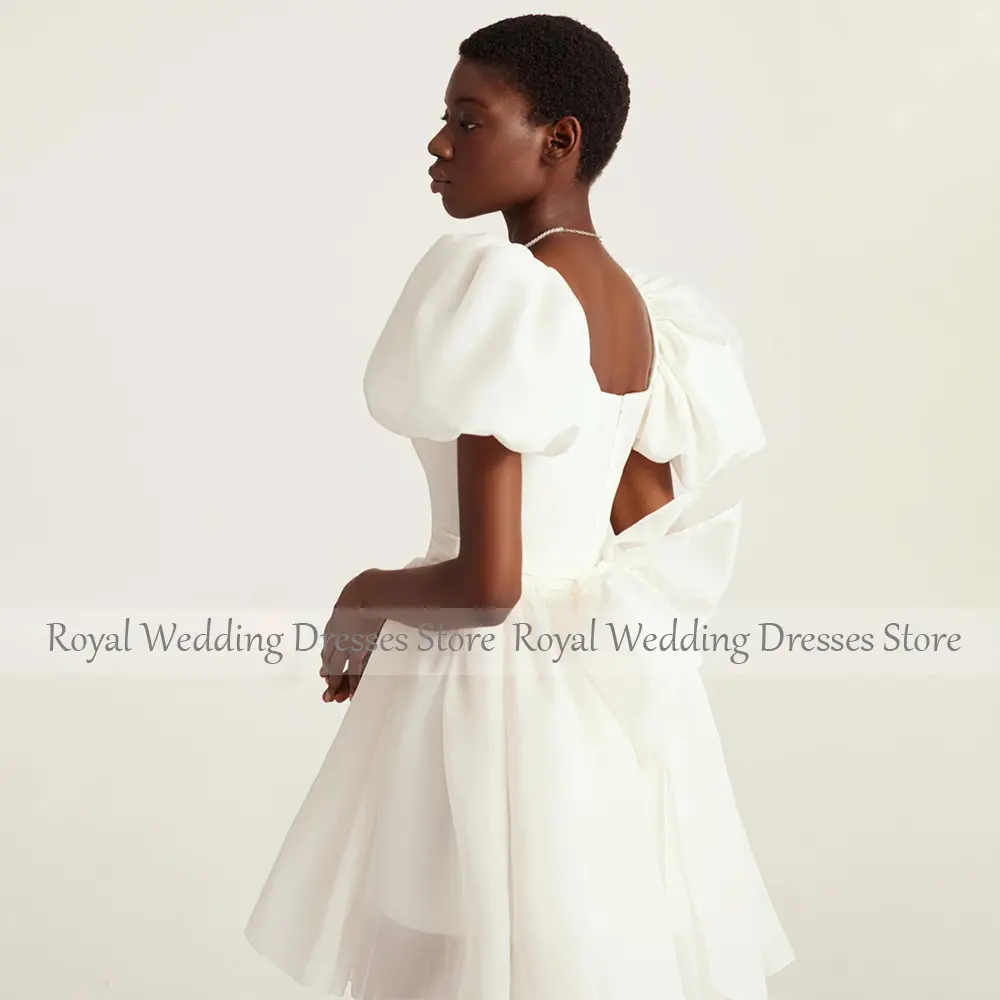 Short Wedding Dress White A Line Square Collar Short Puffy Sleeves Wedding Gowns Mini Backless Wedding Party Dresses for Women
