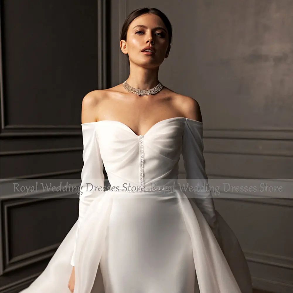 Elegant Ivory Sheath Wedding Dress For Women Floor Length Long Sleeves Beading Wedding Gown Off The Shoulder Bridal Gown