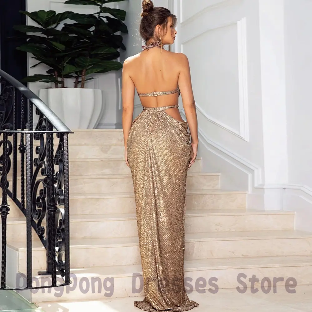 Sexy Front Slit Exquisite Halter Evening Dresses Sleeveless 2023 Floor length Open Back Paillette Party Gown For Women Custom