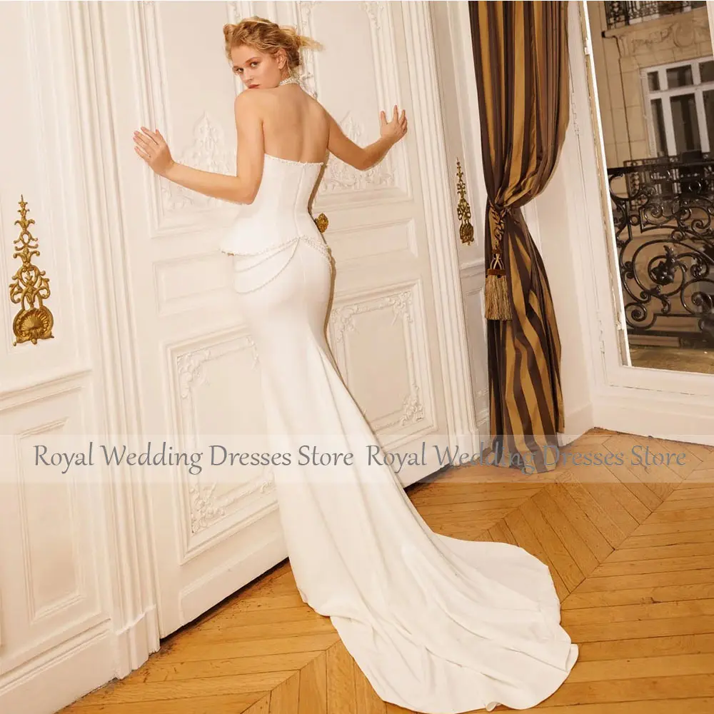 Fashion Mermaid Ivory Bridal Dress Strapless V Neck Pearls Beading Wedding Gowns Floor Length Sweep Train Trumpet Wedding Dress