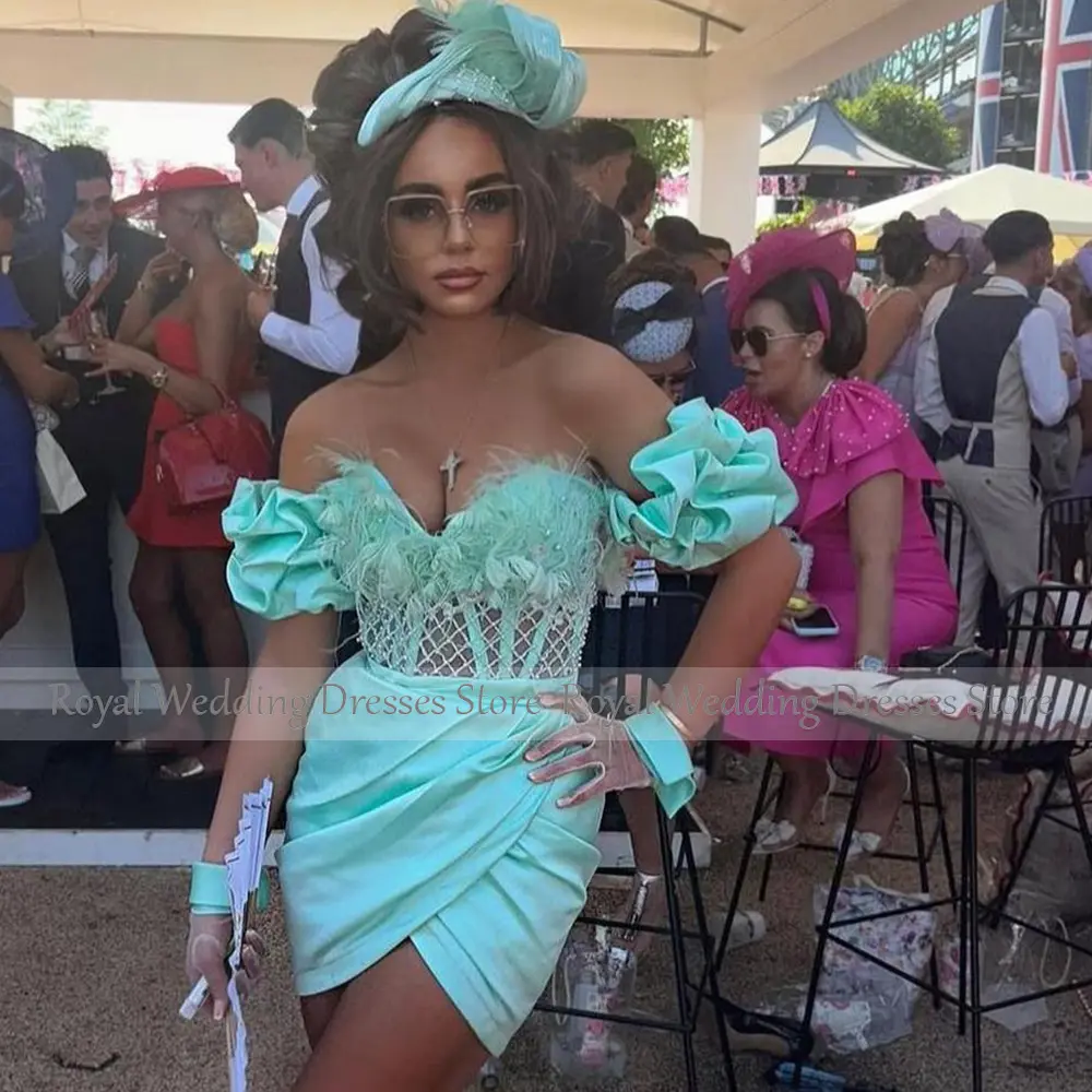 Sexy Satin Cocktail Dress For Wedding Sheath Cocktail Gown V Neck Strapless Formal Party Gown With Feather