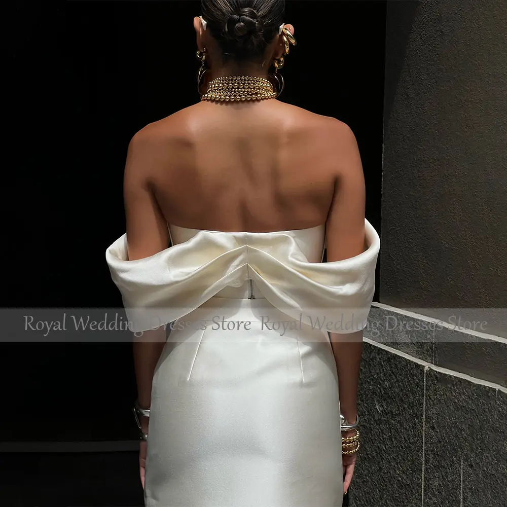 Modern Wedding Dress Mini Off the Shoulder V Neck Sexy  Gowns Crop Top 2 Pieces Ivory Satin Bridal Dresses with Pockets