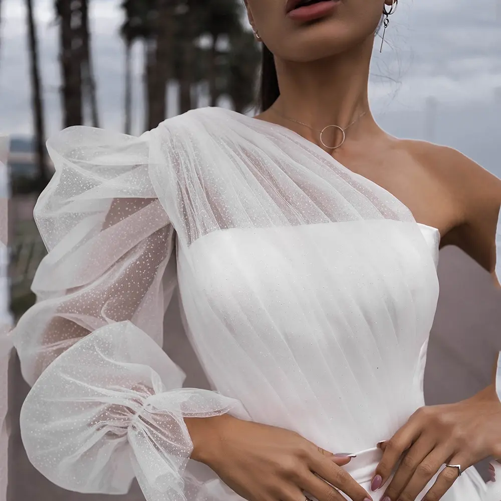 Modern Ivory One Shoulder Mini Short Satin Wedding Dress For Women Sheath Wedding Gown Long Tulle Sleeve