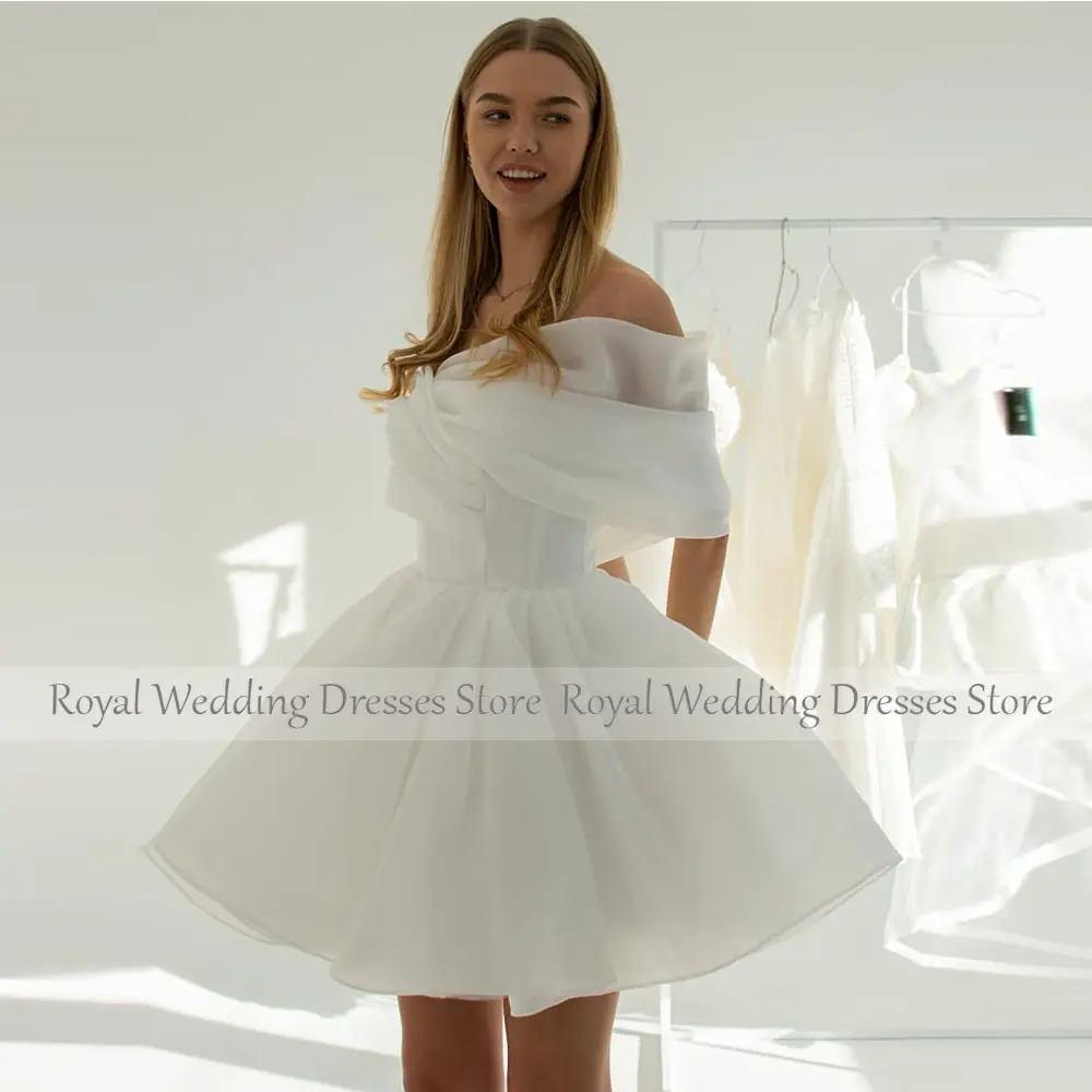 Modern Ivory Mini Short Wedding Dress For Women Off The Shoulder A Line Wedding Gown Organza Satin Bridal Gown