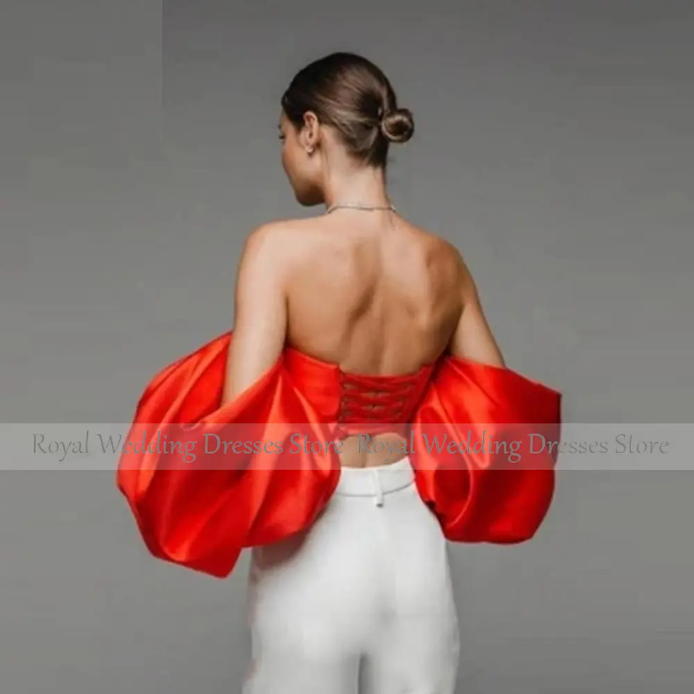Sexy Red Satin Dress for Women Off The Shoulder Puff Sleeves Back Lace Up Party Gown