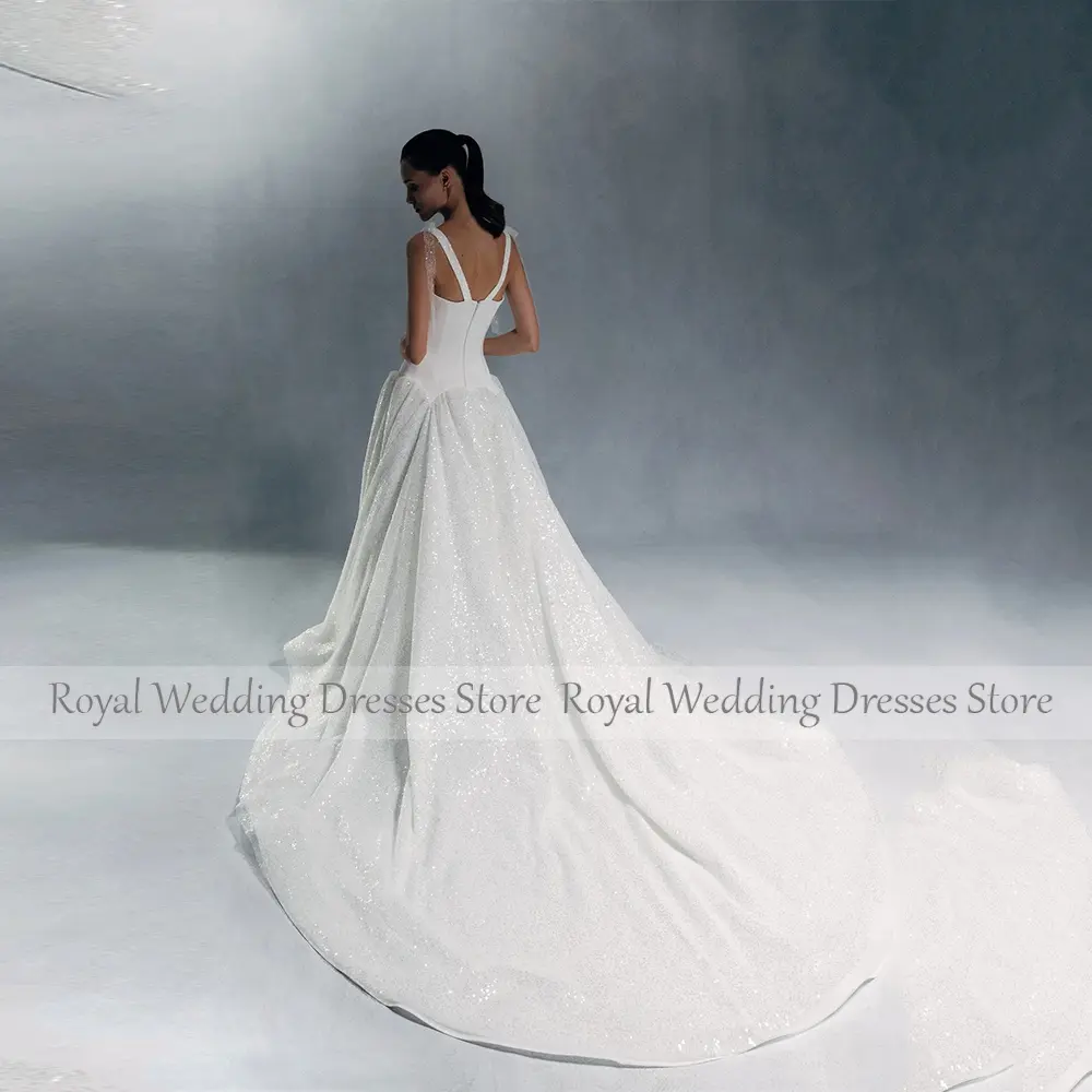 Gliter Square Collar Ivory Tulle Wedding Dress For Bride A Line Wedding Gowns Sleeveless With Bow Bridal Dress With Train