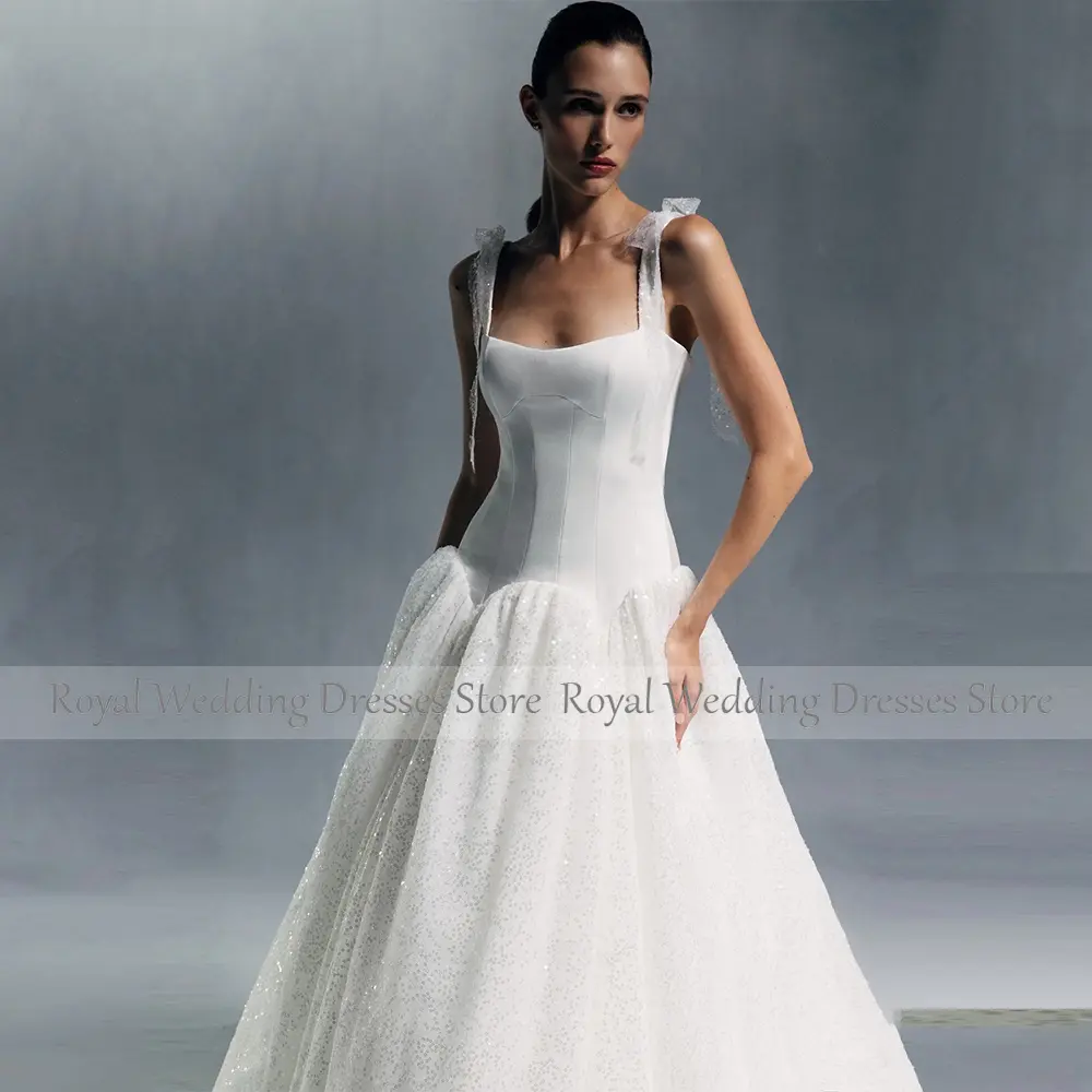 Gliter Square Collar Ivory Tulle Wedding Dress For Bride A Line Wedding Gowns Sleeveless With Bow Bridal Dress With Train