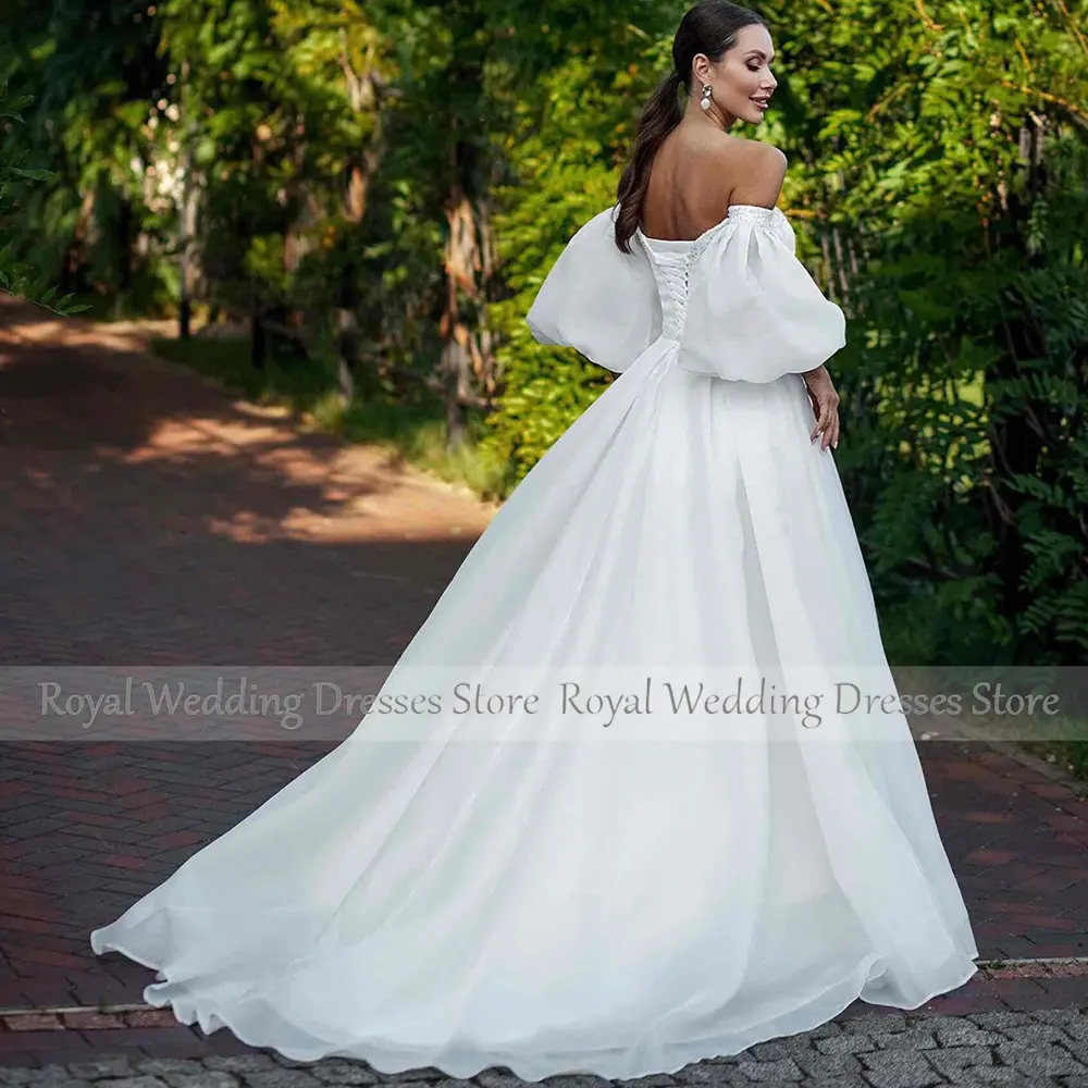Modern Ivory Organza Wedding Dress For Bride A Line Wedding Gowns Puff Sleeves Beading Back Lace Up Bridal Dress
