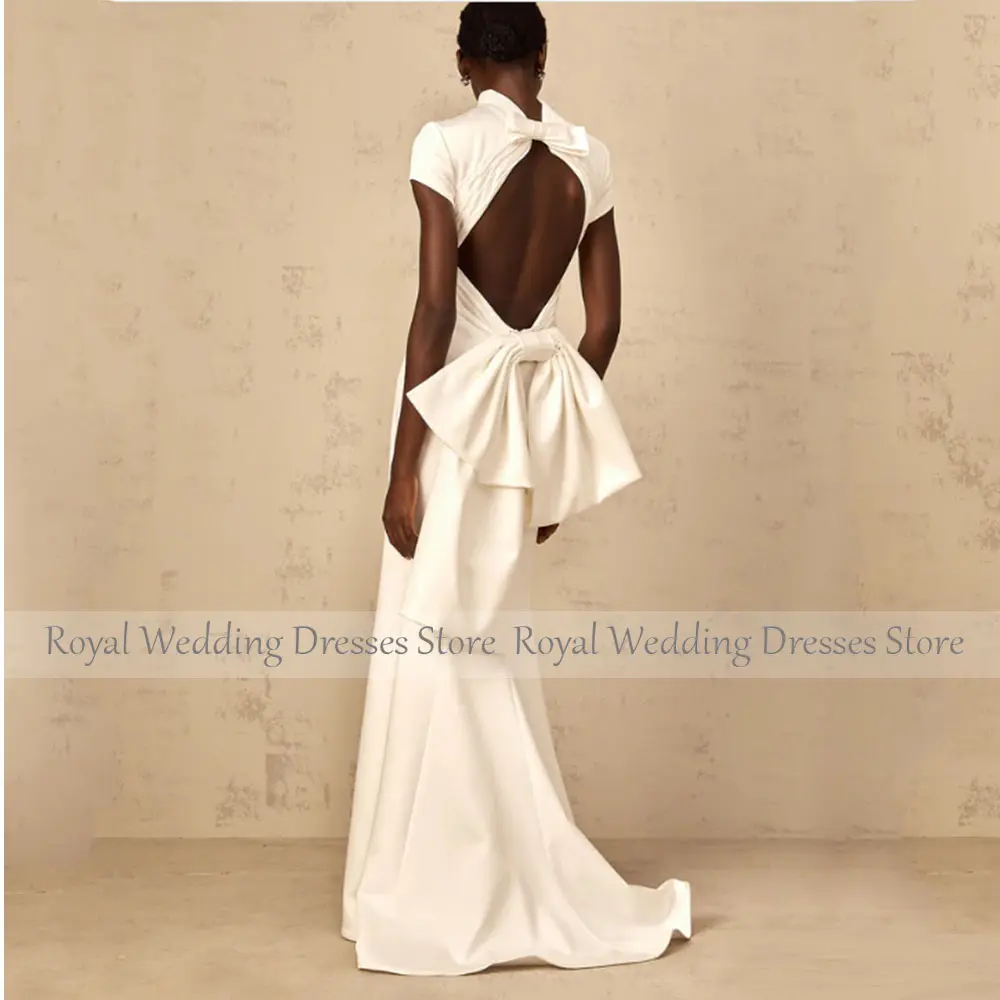Mermaid Ivory Modern Satin Wedding Dress For Women Floor Length Short Sleeves Wedding Gown Back Cut Out With Bows Bridal Gown