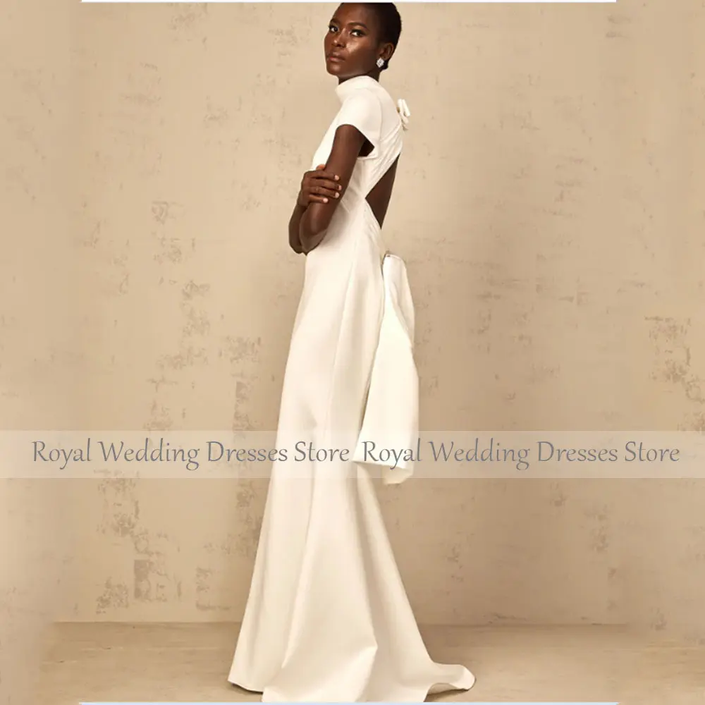 Mermaid Ivory Modern Satin Wedding Dress For Women Floor Length Short Sleeves Wedding Gown Back Cut Out With Bows Bridal Gown