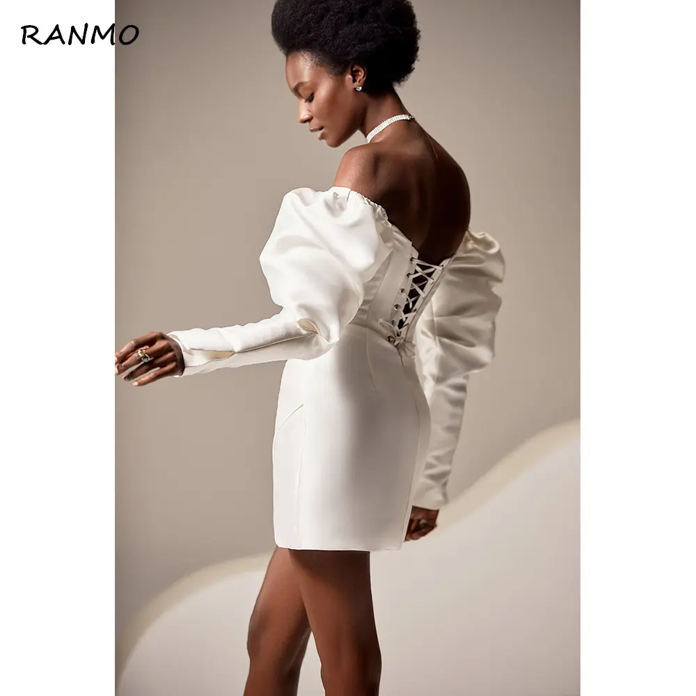 RANMO Mini Wedding Dress Sheath Off the Shoulder Puffy Long Sleeves Lace Up Short Wedding Gown Modern Above Knee Bridal Gown