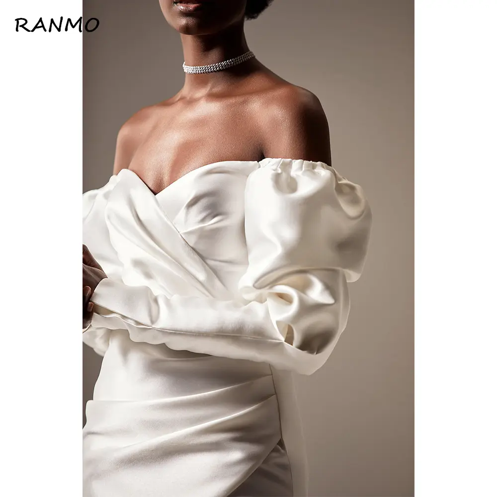 RANMO Mini Wedding Dress Sheath Off the Shoulder Puffy Long Sleeves Lace Up Short Wedding Gown Modern Above Knee Bridal Gown