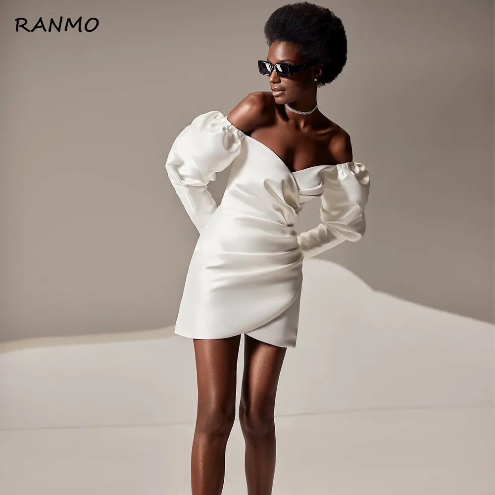 RANMO Mini Wedding Dress Sheath Off the Shoulder Puffy Long Sleeves Lace Up Short Wedding Gown Modern Above Knee Bridal Gown