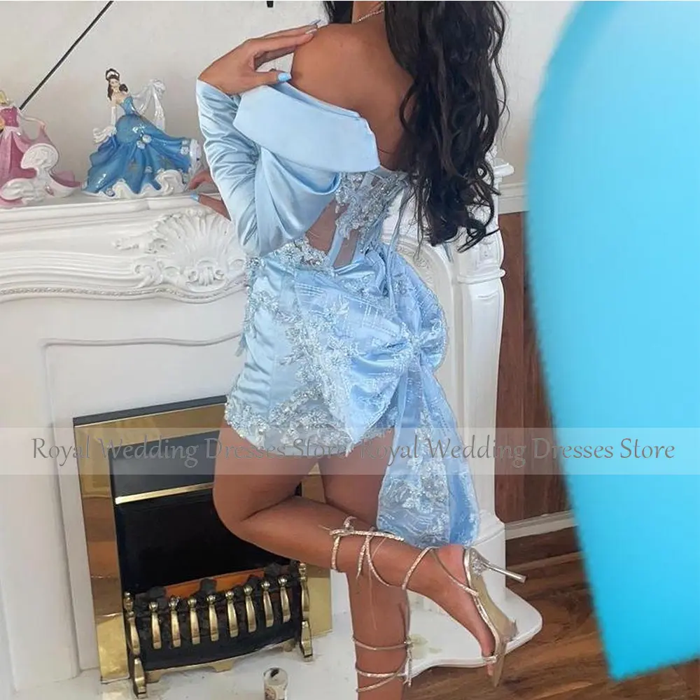 Sexy Sky Blue Satin Cocktail Dress For Wedding Sheath Long Sleeve Cocktail Gown Appliques Beading Formal Party Gown