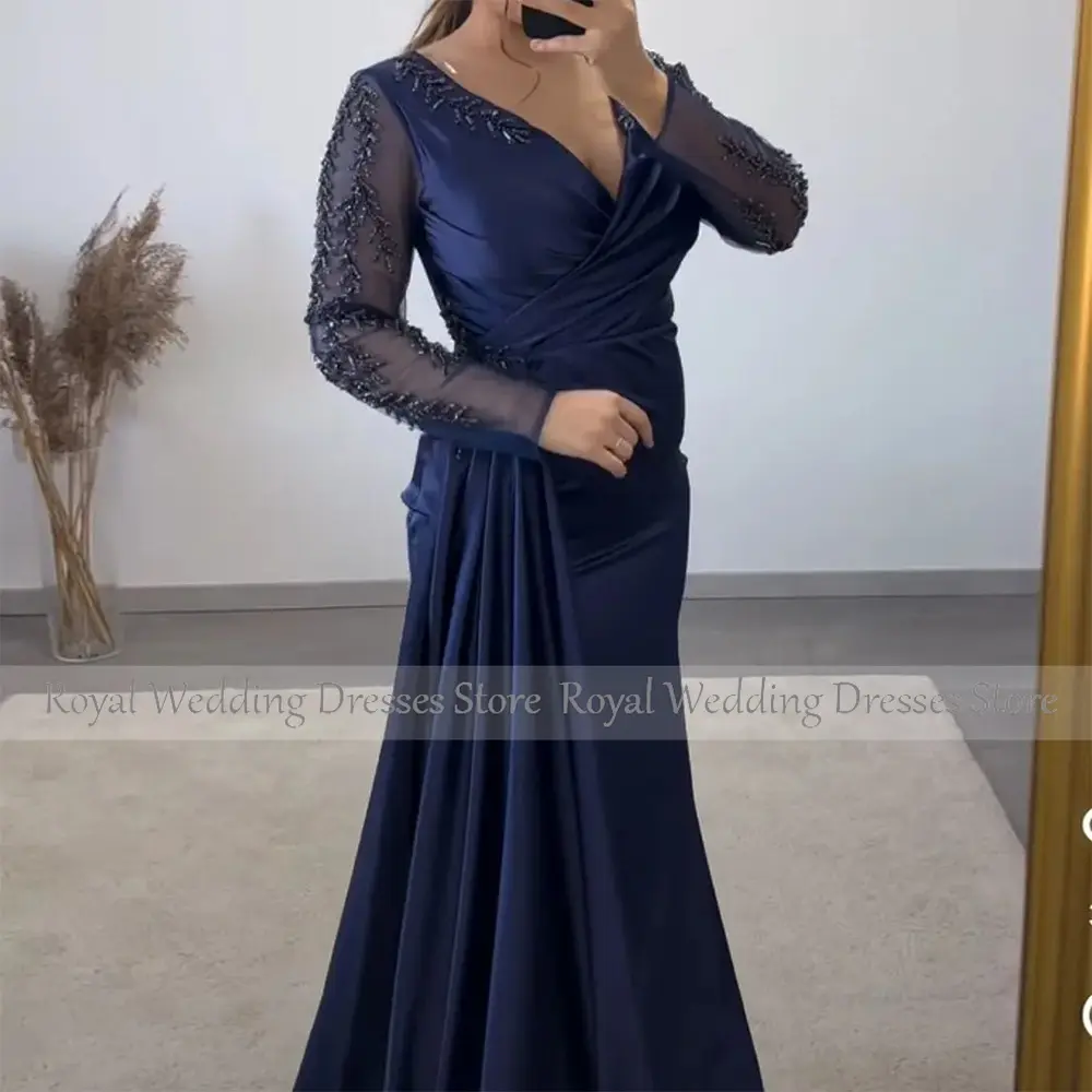 Luxury Evening Dresses for Women Satin V Neck Mermaid  Gowns Long Sleeves Draped Beading Wedding Party Dress Custom Made