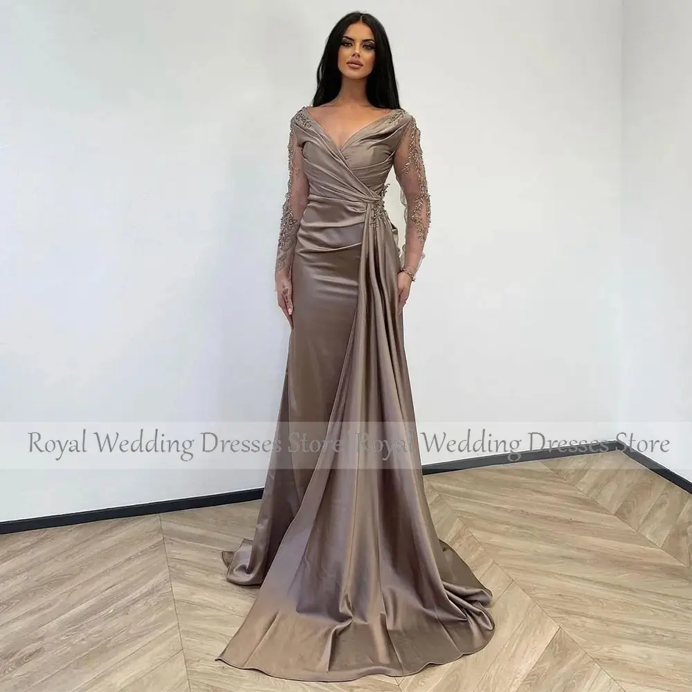 Luxury Evening Dresses for Women Satin V Neck Mermaid  Gowns Long Sleeves Draped Beading Wedding Party Dress Custom Made