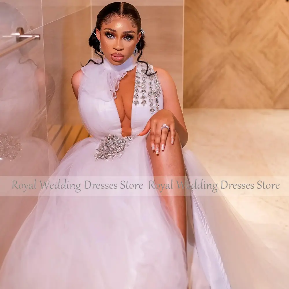 Luxury Wedding Dresses for Women 2023 Bride High Collar A Line  Gowns Long Sparkly Crystal Side Slit Sexy Bridal Dress