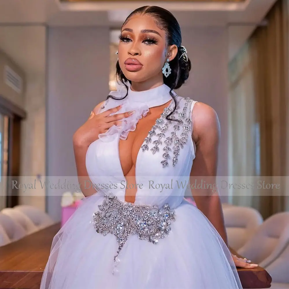 Luxury Wedding Dresses for Women 2023 Bride High Collar A Line  Gowns Long Sparkly Crystal Side Slit Sexy Bridal Dress