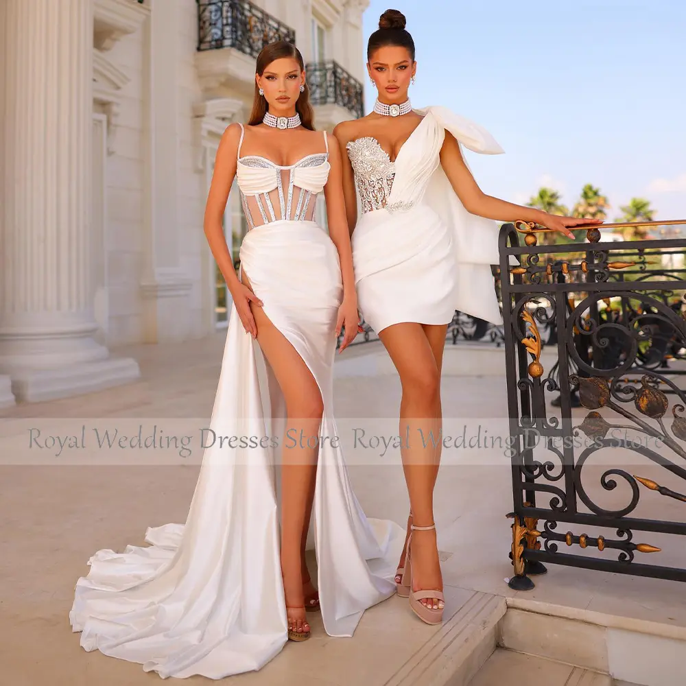Luxury Wedding Dress Crystal One Shoulder Big Bow Mini  Gown with Detachable Train Ruffle Satin Sexy Bridal Dresses White
