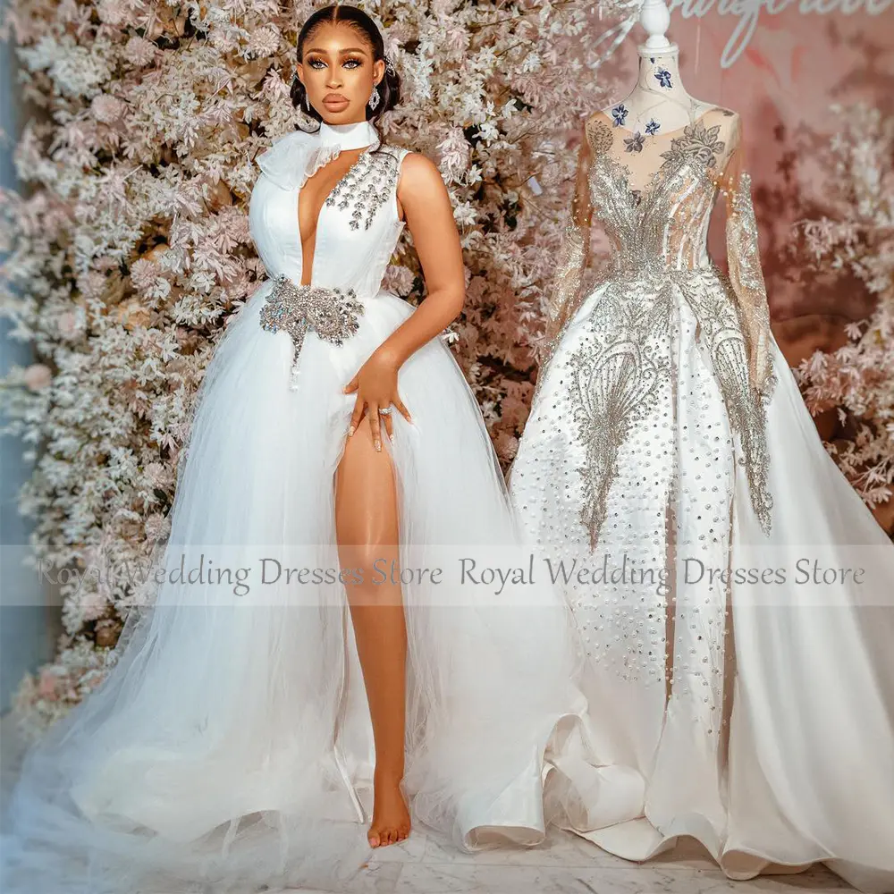 Luxury Wedding Dresses for Women 2023 Bride High Collar A Line  Gowns Long Sparkly Crystal Side Slit Sexy Bridal Dress