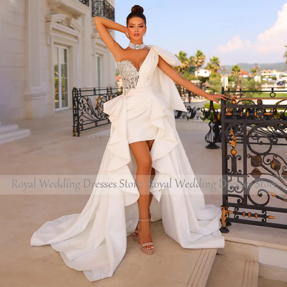 Luxury Wedding Dress Crystal One Shoulder Big Bow Mini  Gown with Detachable Train Ruffle Satin Sexy Bridal Dresses White