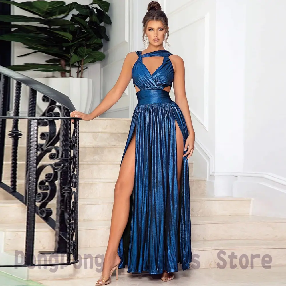 Sexy Spaghetti Fron Slit Exquisite Evening Dresses Sleeveless 2023 Floor length Open Back Paillette Party Gown For Women Custom