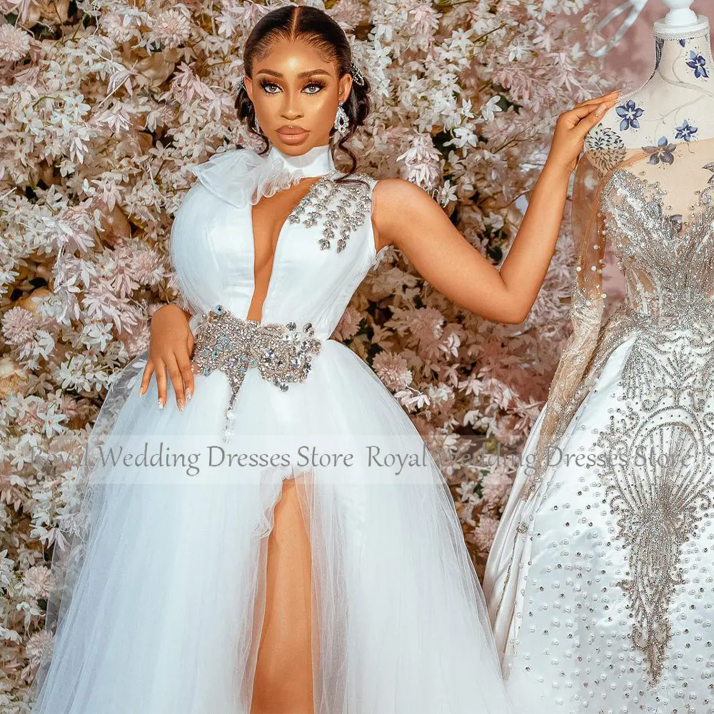 Luxury Wedding Dresses for Women 2023 Bride High Collar A Line  Gowns Long Sparkly Crystal Side Slit Sexy Bridal Dress