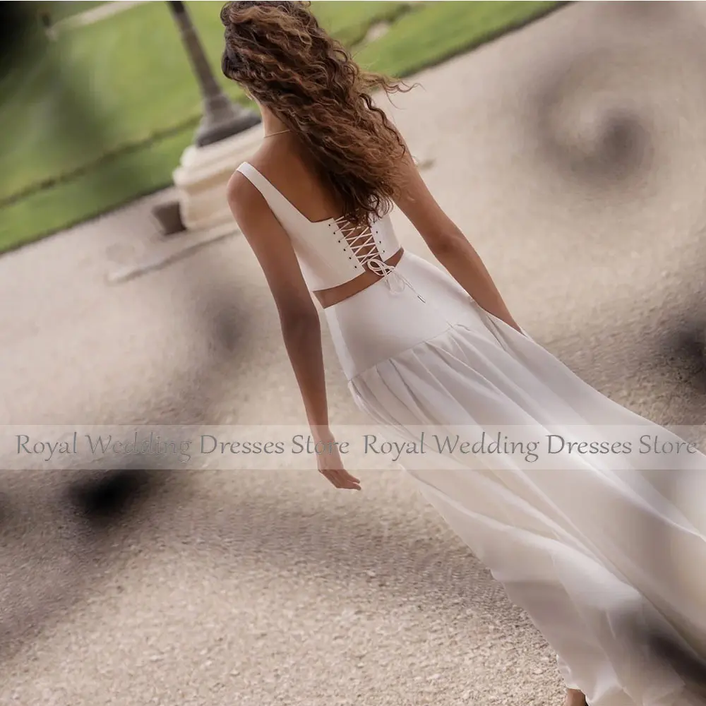 Modern Two Piece Ivory Bridal Dress A Line Wedding Gowns Straps Sleeveless Back Lace Up Wedding Dress Floor Length Slit Dress