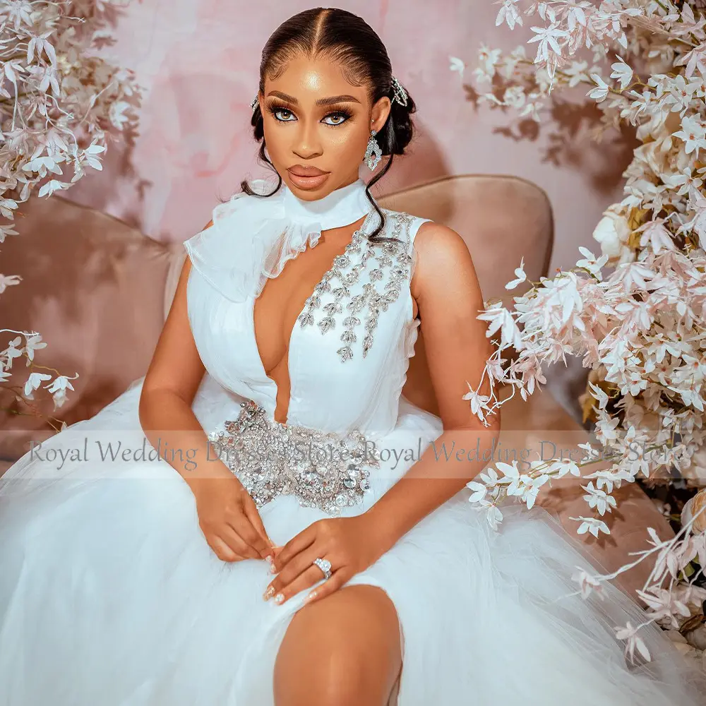 Luxury Wedding Dresses for Women 2023 Bride High Collar A Line  Gowns Long Sparkly Crystal Side Slit Sexy Bridal Dress