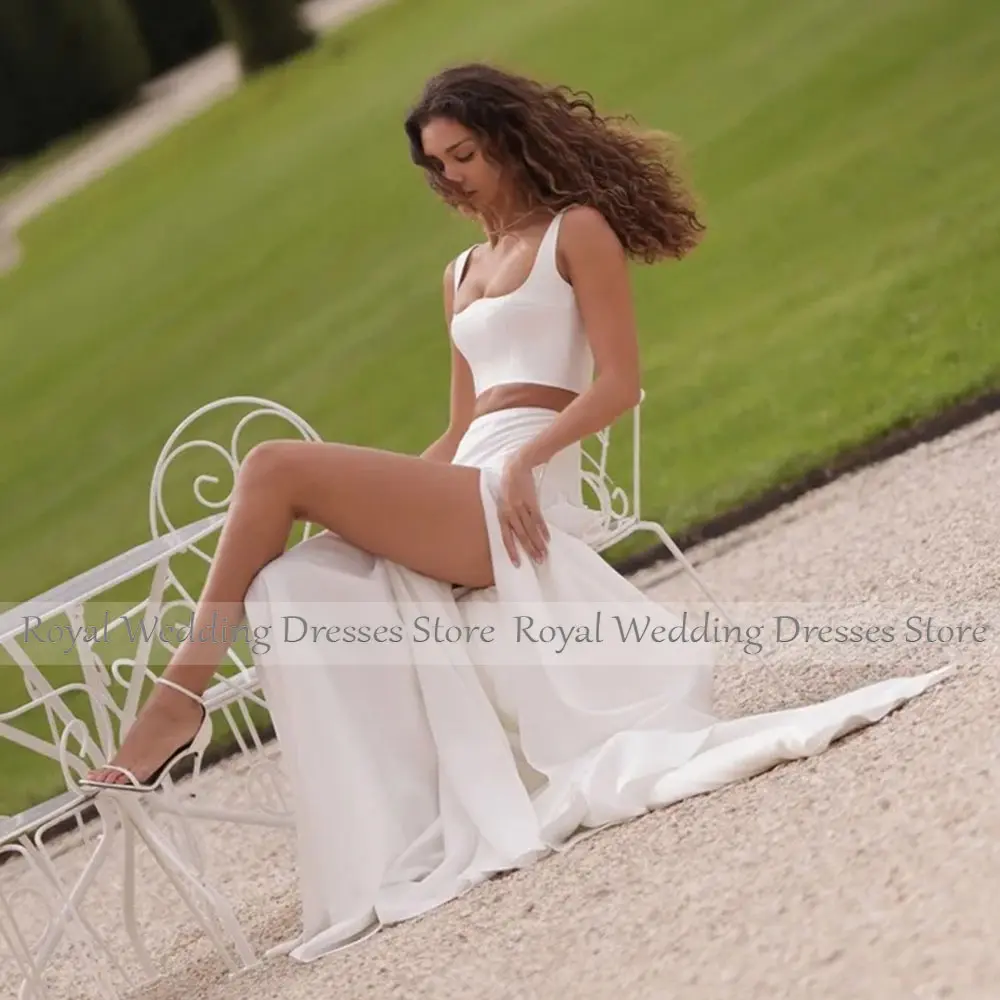 Modern Two Piece Ivory Bridal Dress A Line Wedding Gowns Straps Sleeveless Back Lace Up Wedding Dress Floor Length Slit Dress