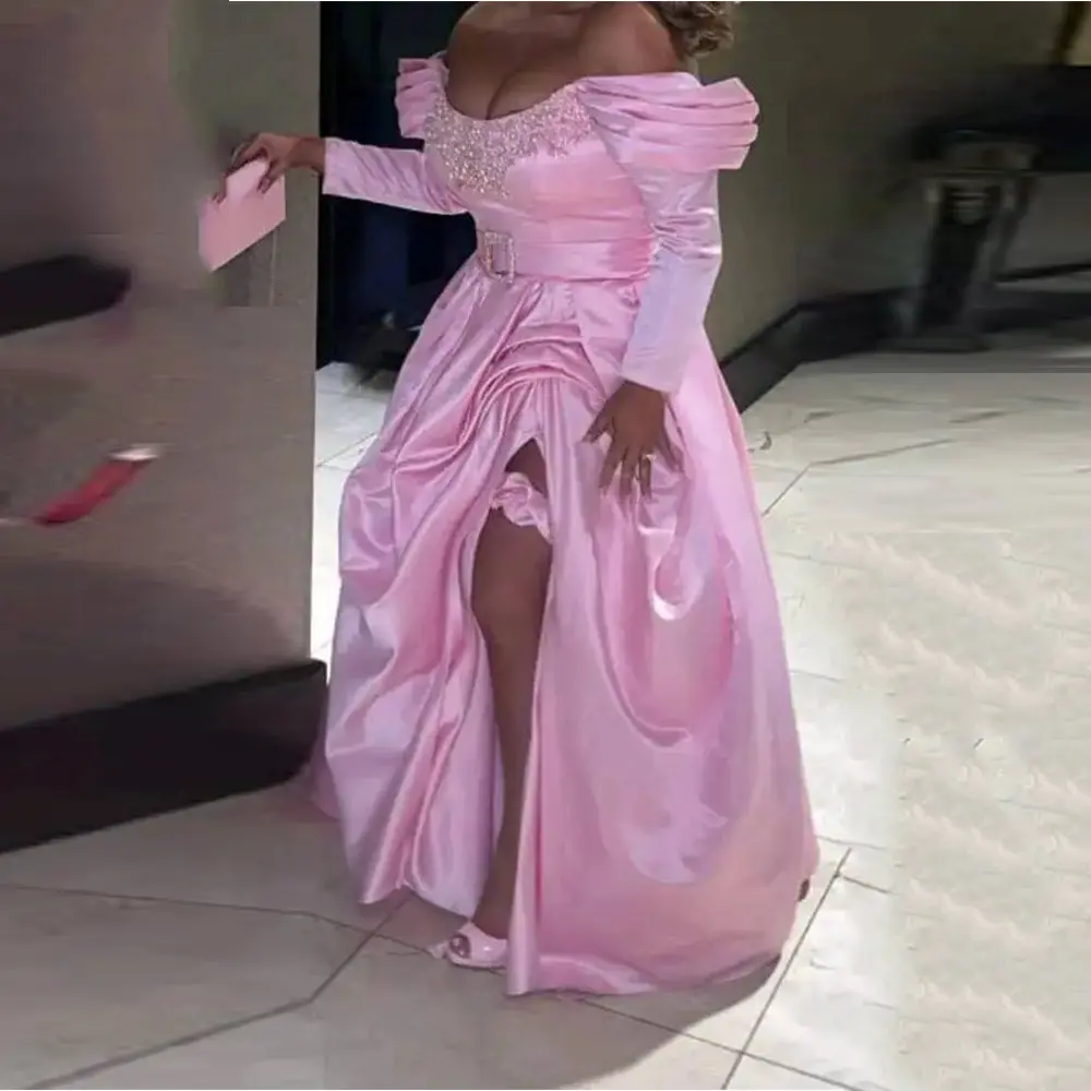 Off The Shoulder Pink Satin Cocktail Dress For Women Sheath Cocktail Gown Pleat Beading Long Sleeves Party Gown With Train