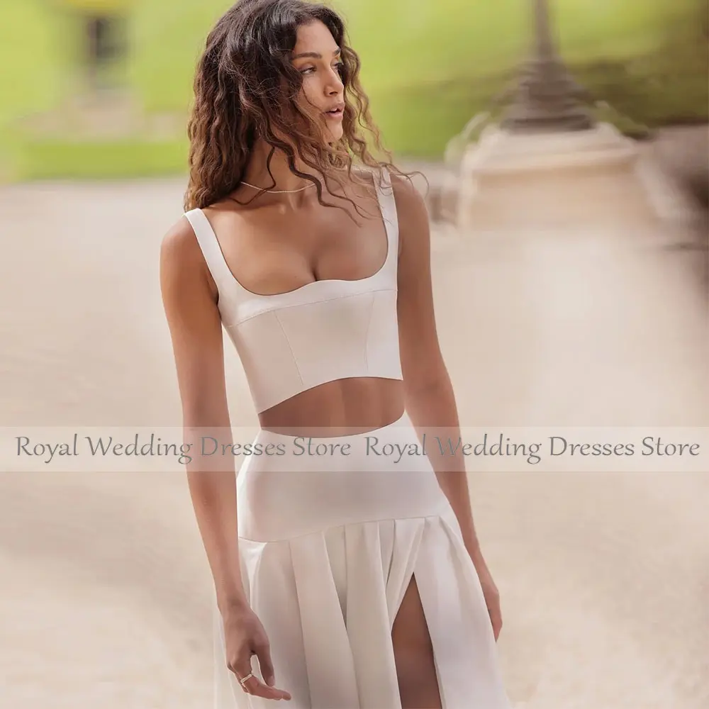 Modern Two Piece Ivory Bridal Dress A Line Wedding Gowns Straps Sleeveless Back Lace Up Wedding Dress Floor Length Slit Dress
