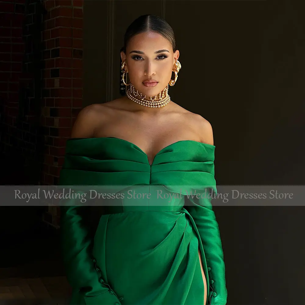 Women's Cocktail Dress Mini Emerald Green Long Sleeves Off the Shoulder  Gowns Short Side Slit Satin Sexy Party Dresses