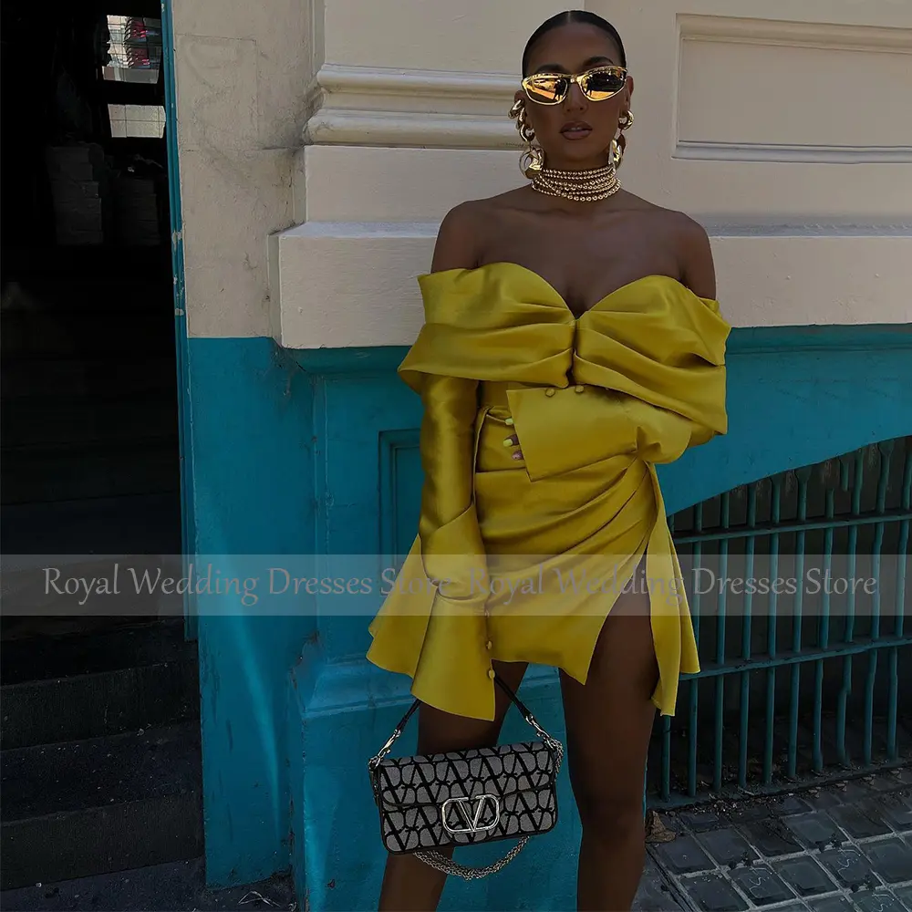 Women's Cocktail Dress Mini Emerald Green Long Sleeves Off the Shoulder  Gowns Short Side Slit Satin Sexy Party Dresses