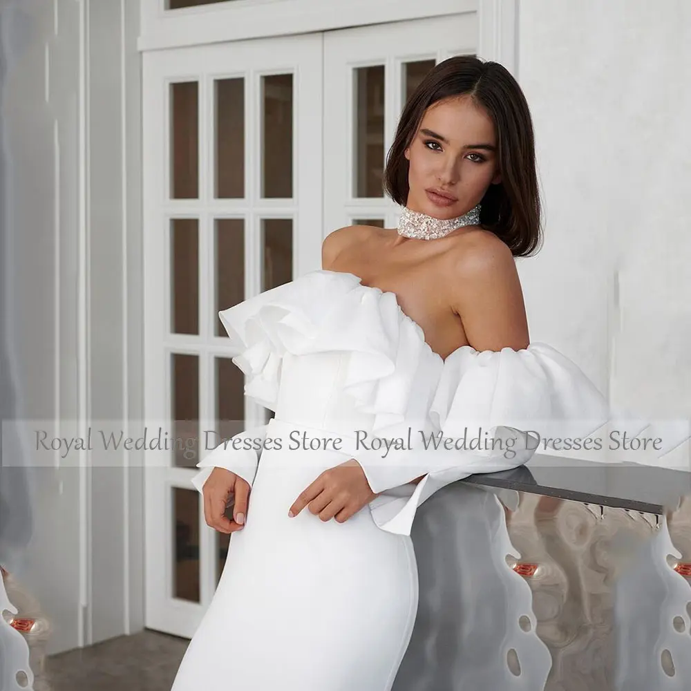 Mermaid Ivory Bridal Dress Strapless Ruffles Wedding Gowns Floor Length Wedding Dress Sweep Train Dress With Detachable Sleeves