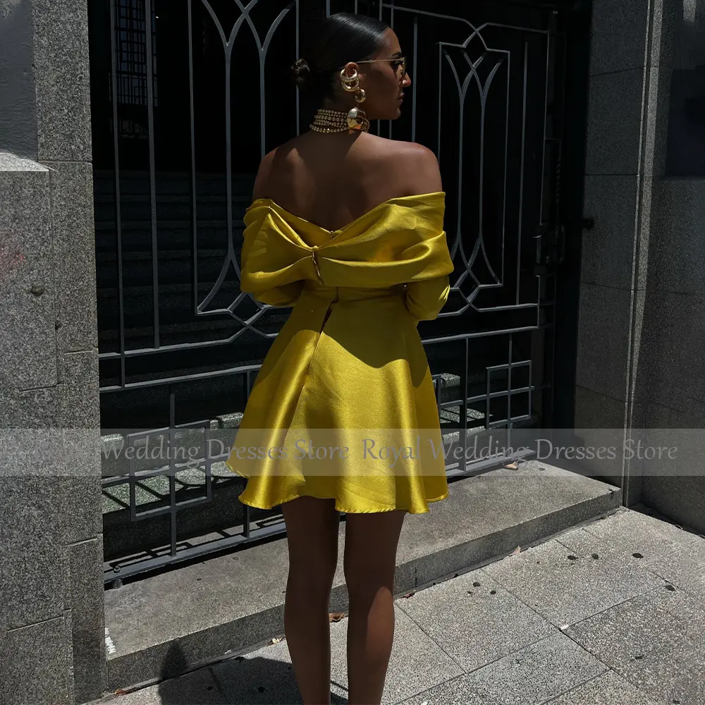 Women's Cocktail Dress Mini Emerald Green Long Sleeves Off the Shoulder  Gowns Short Side Slit Satin Sexy Party Dresses