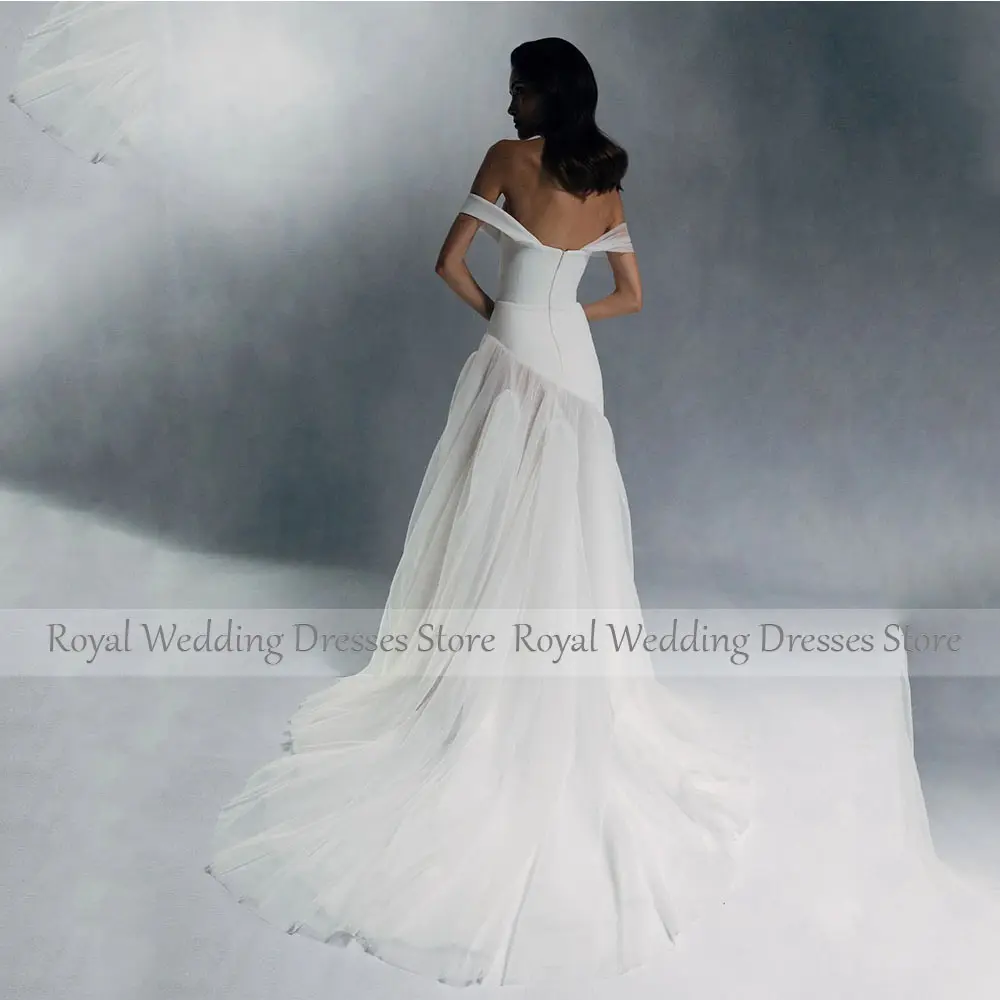 Modern Ivory Bridal Dress A Line Tulle Wedding Gowns  Off The Shoulder Sleeveless Wedding Dress Floor Length Sweep Train Dress