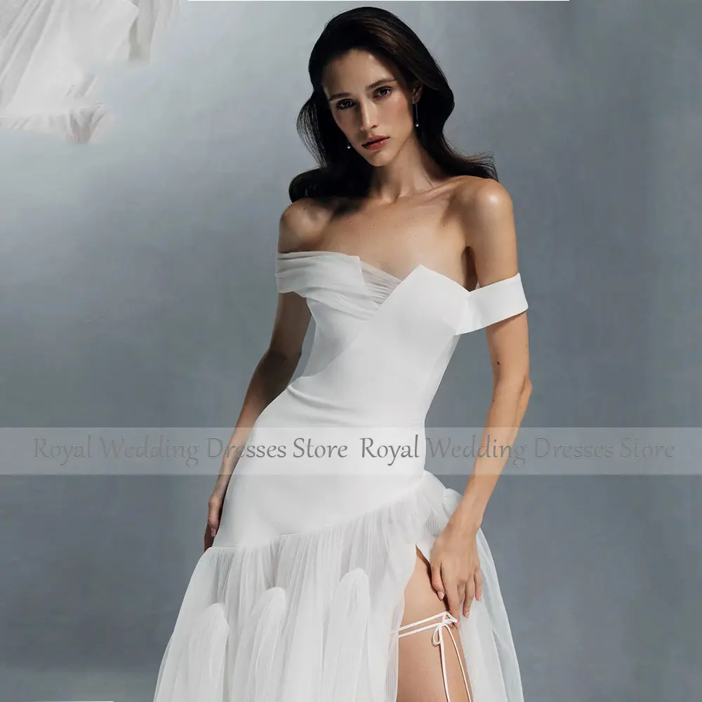 Modern Ivory Bridal Dress A Line Tulle Wedding Gowns  Off The Shoulder Sleeveless Wedding Dress Floor Length Sweep Train Dress