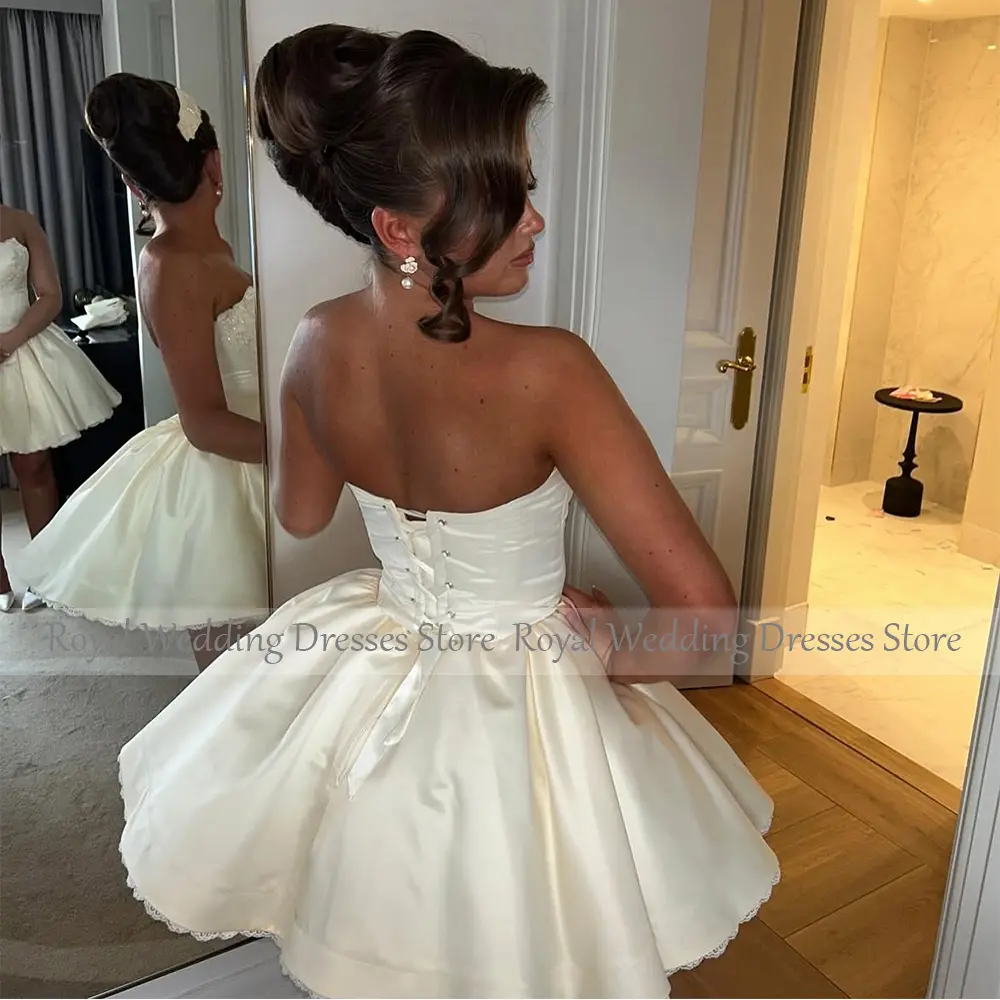 Beige Wedding Dress Puffy Ball Gown Beading Applique Lace V Neck Short Wedding Gowns for Women Lace Up Ruched Corset Bridal Gown