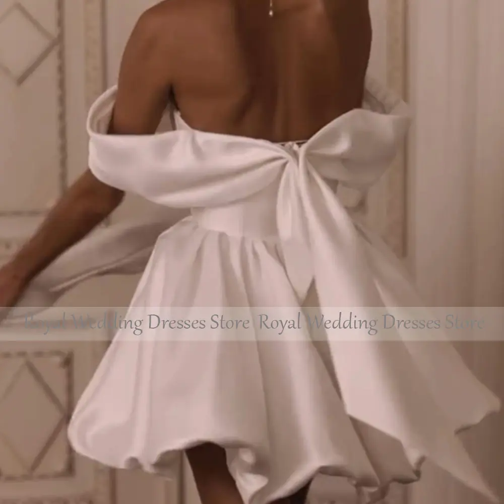 Modern Ivory  Mini Short Satin Wedding Dress For Women Off The Shoulder A Line Wedding Gown Lace Up Bridal Gown With Gloves