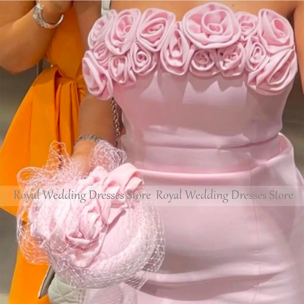 Fashion Mini Short Pink Cocktail Dress For Women Strapless Sheath Cocktail Gown With Flowers Sleeveless  Party Gown
