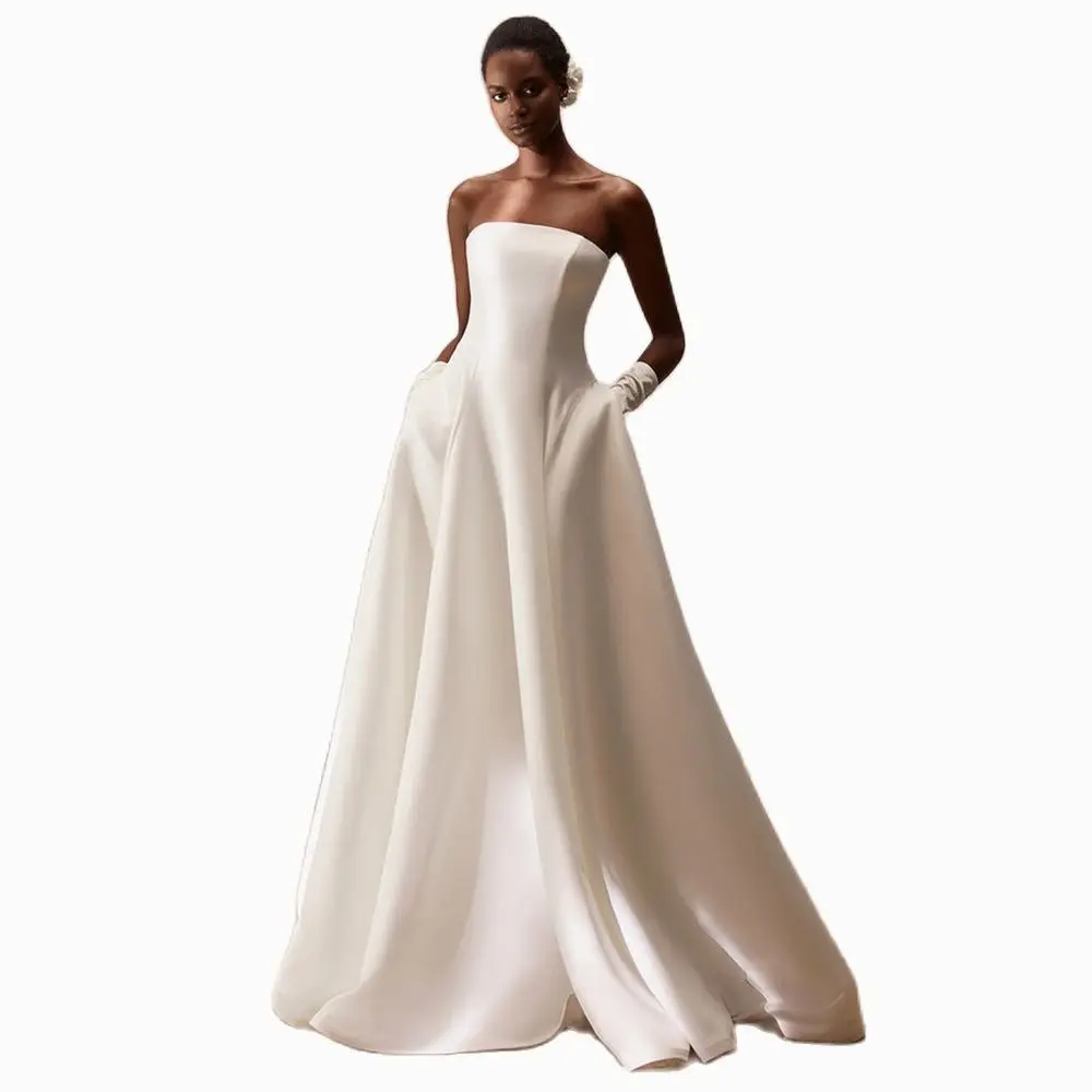 Simple Wedding Dress Ivory Stain Strapless A Line Modern Wedding Gowns for Women 2023 Bride Pockets Lace Up Backless Brial Dress