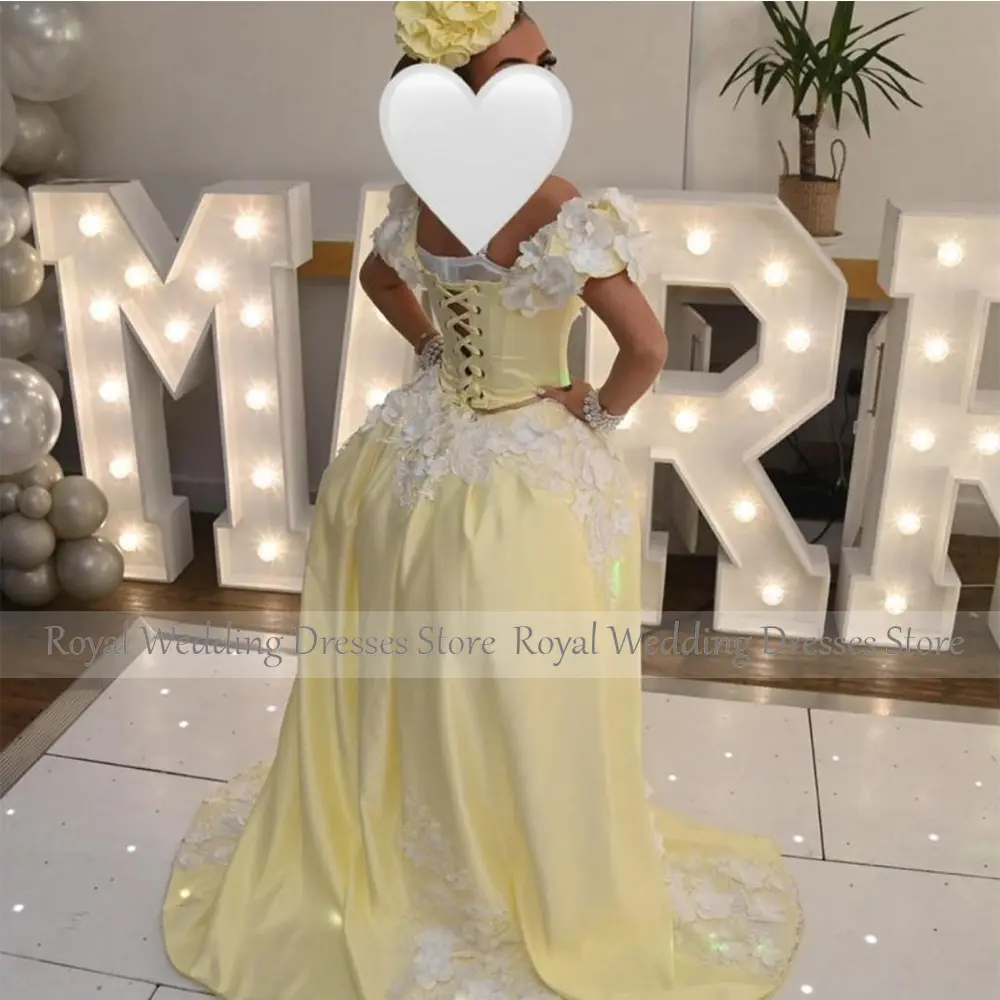 Beauty Yellow Satin Mini Short Cocktail Dress Off The Shoulder Sheath Cocktail Gown With Flowers Party Gown With Train