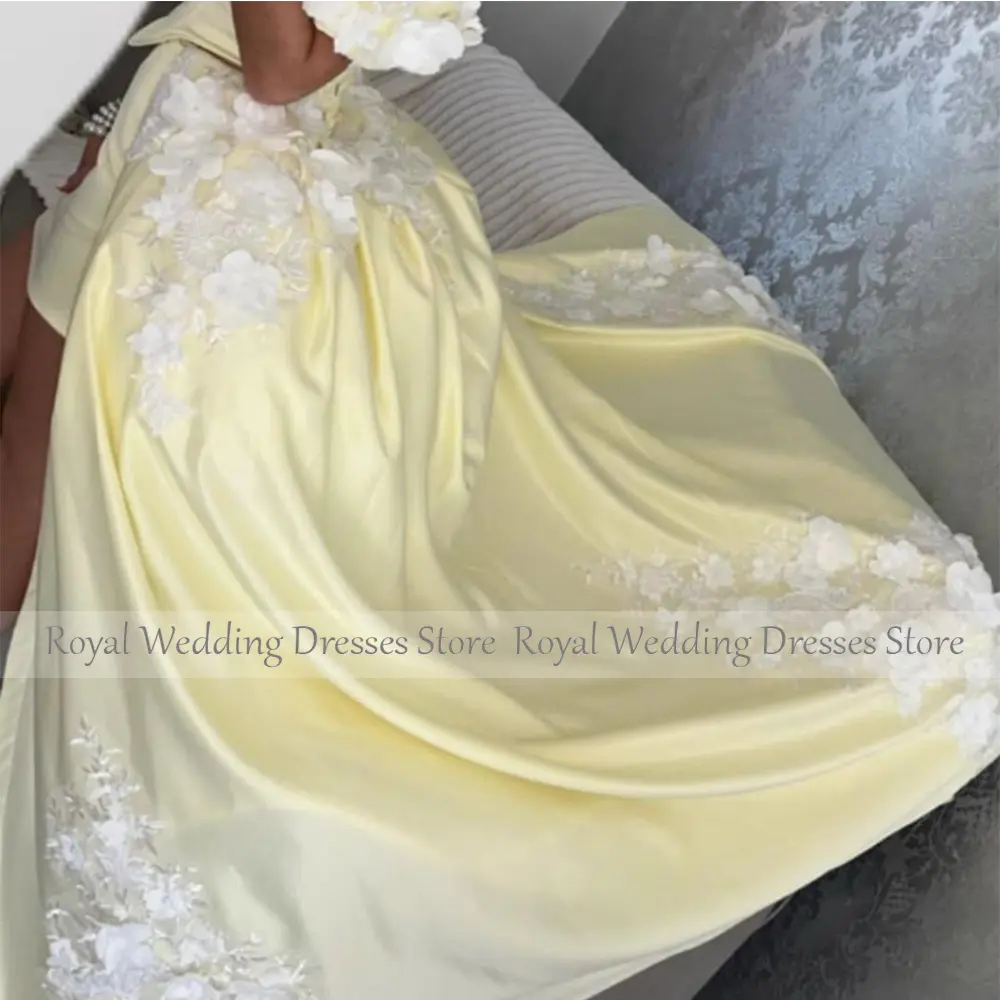 Beauty Yellow Satin Mini Short Cocktail Dress Off The Shoulder Sheath Cocktail Gown With Flowers Party Gown With Train