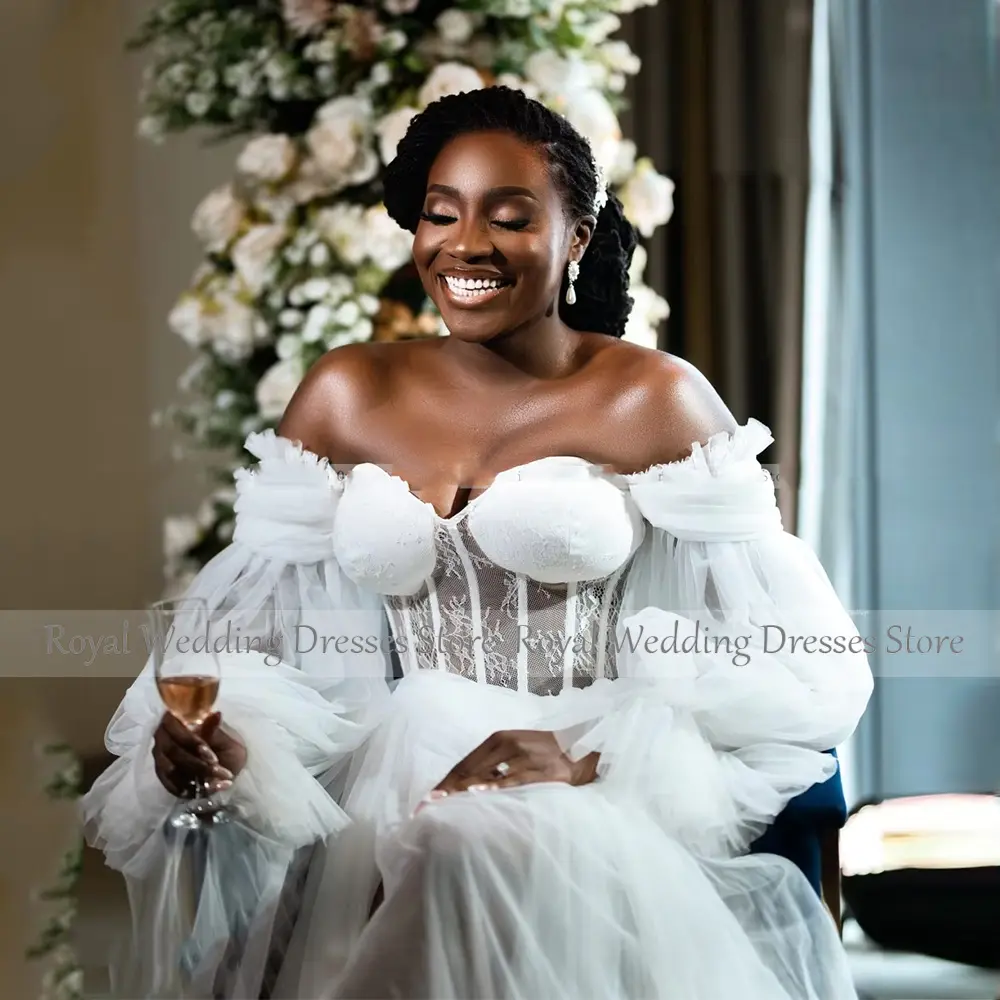 Modern Ivory Tulle Wedding Dress For Women Floor Length Off The Shoulder  Wedding Gown Long Lantern Sleeves Bridal Gown