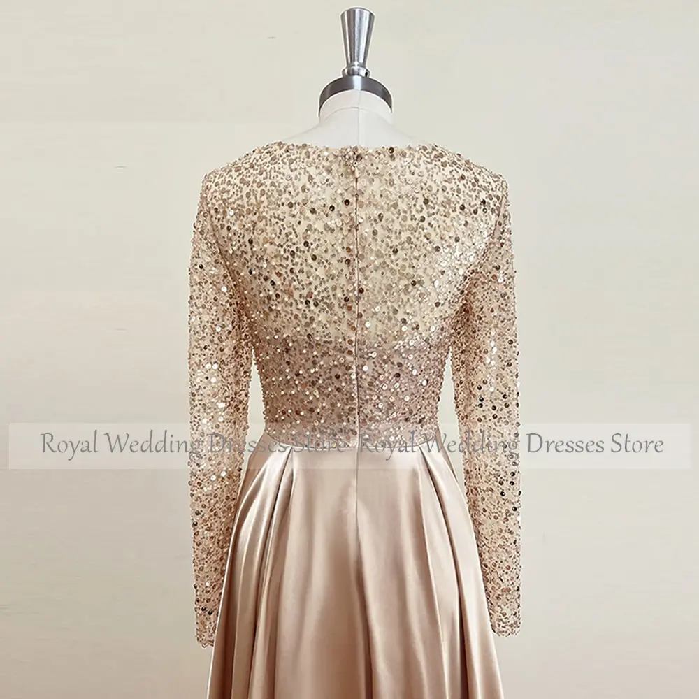 Modern Satin Women's Evening Dresses Long Sleeves Satin Sequin Lace Formal Party Gown Floor length Prom Dress