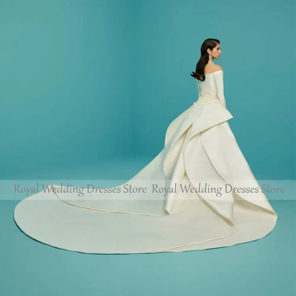 Luxury Wedding Dress Off the Shoulder Long Sleeves Column Wedding Gown with Detachable Train Flowers Beaded Bridal Dresses Satin