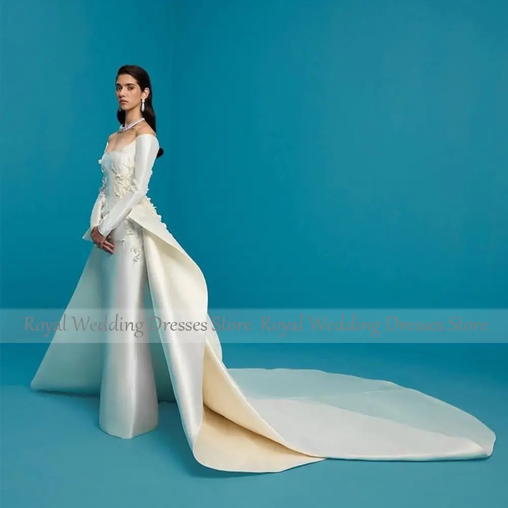 Luxury Wedding Dress Off the Shoulder Long Sleeves Column Wedding Gown with Detachable Train Flowers Beaded Bridal Dresses Satin