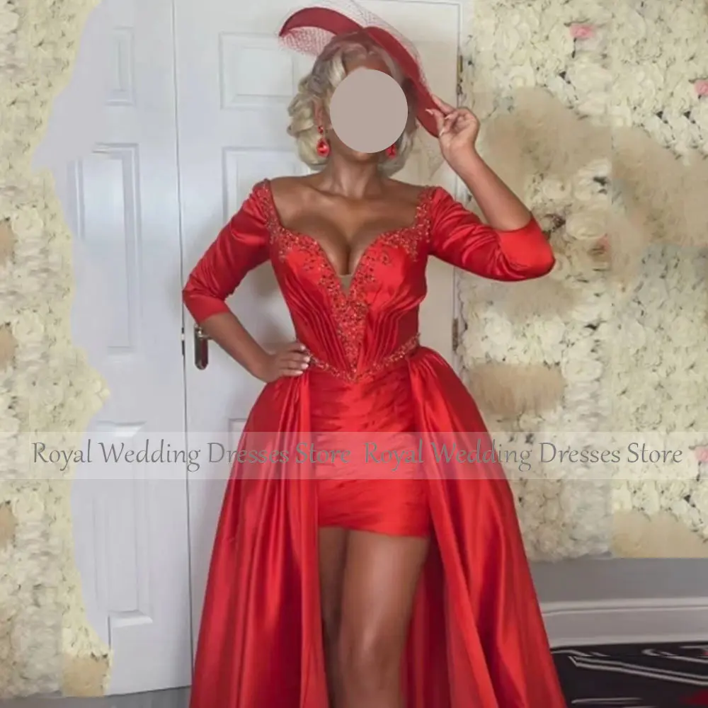 Sexy Red Satin Cocktail Dress for Women Beading Mini Short Sweetheart Cocktail Gown Sheath Long Sleeve Party Gown